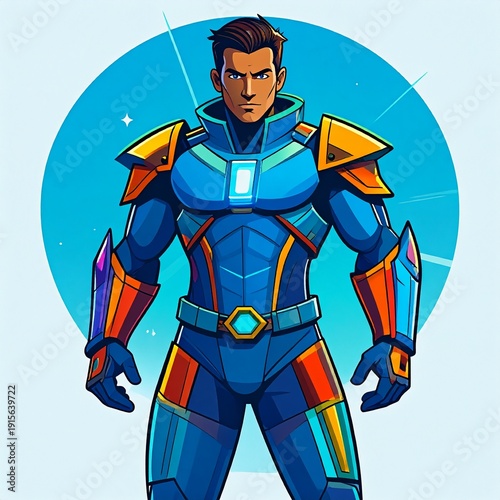 Dynamic Superhero in Comic Style, Ready for Action in a Futuristic Suit, Illustrated Character