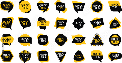 Vector illustration set of 28 modern yellow and black quick tips badges, labels, and stickers for social media