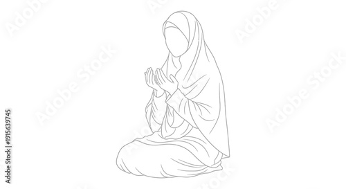A black and white line drawing depicts a woman in a hijab kneeling with her hands clasped in prayer expressing reverence and spirituality