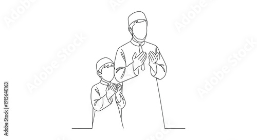 A single continuous line drawing depicts a man and a child in traditional islamic clothing praying with hands clasped together in reverence