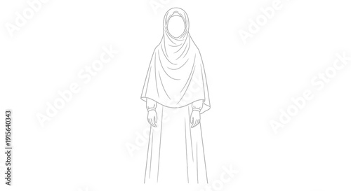 A black and white line drawing depicts a woman wearing a traditional hijab and long robe standing with hands clasped in front