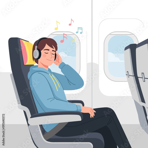 Young Man Enjoying Music While Traveling by Airplane