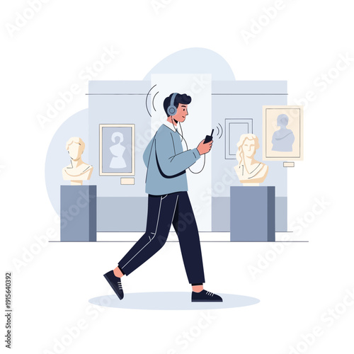 Young Man Enjoys Audio Tour At Art Gallery Exploring Classical Sculptures