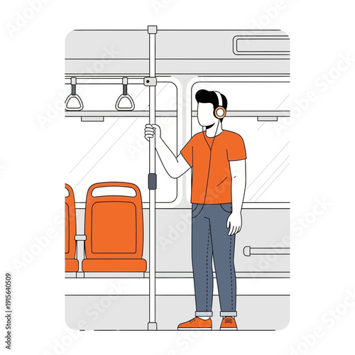 Young Man Listening To Music On Public Transportation