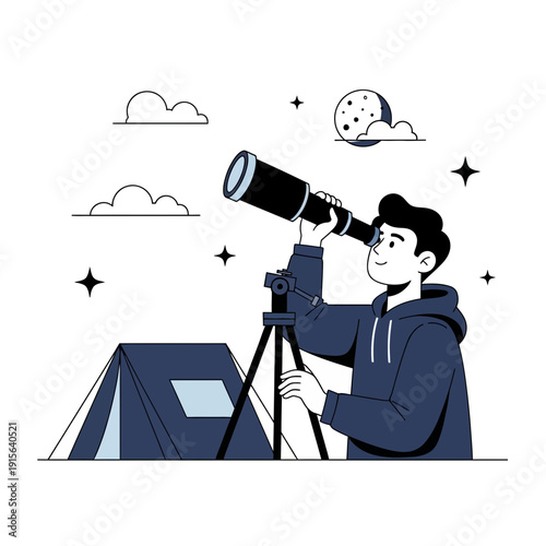 Young Man Observing The Night Sky With Telescope Under Stars And Moon