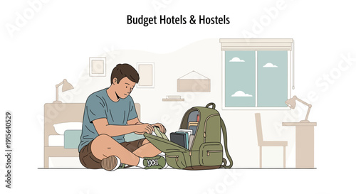 Young Man Packing Backpack For Budget Accommodation Adventures
