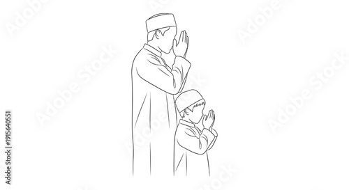 A black and white vector illustration depicts a man and a child praying with their hands clasped together in a devotional gesture