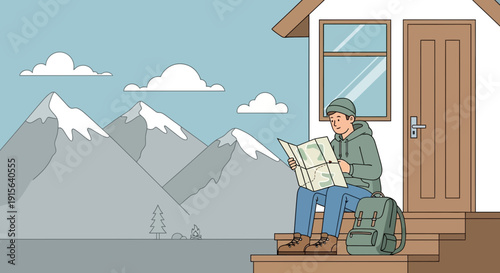 Young Man Planning Outdoor Adventure Holding Map Near Cabin In Snowy Mountains