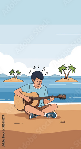 Young Man Playing Guitar Music On Tropical Beach Serene Oasis