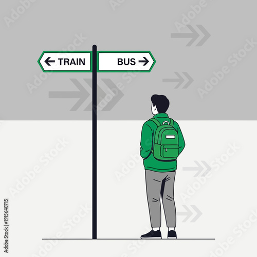 Young Man Standing At Crossroads Signpost Deciding Between Train And Bus Travel Options