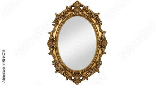 Vintage gold oval mirror with ornate baroque frame, antique Victorian wall mirror isolated on white, luxury classic decorative mirror for interior design