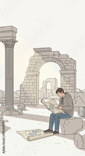 Young Man Studying Ancient Ruins With A Detailed Map In Sunlight