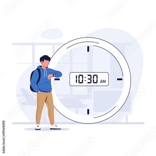 Young Person Checks Time On Wristwatch Near Large Clock Display