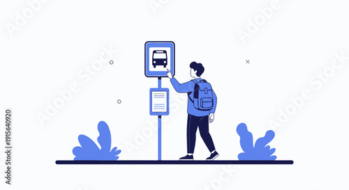 Young Person At Bus Stop Interacting With Signage