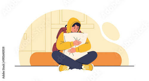 Young Person Embracing Comfort Object While Sitting Cross-legged