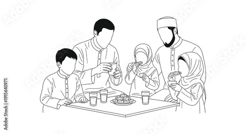 A black and white line drawing depicts an islamic family gathered around a table sharing a meal showcasing cultural traditions