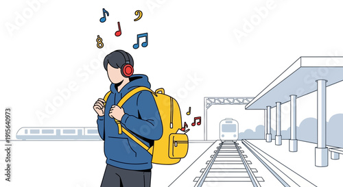 Young Person Enjoying Music At A Train Station Destination Travel Adventure