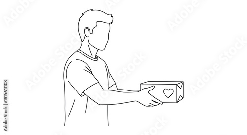 A line drawing depicts a man holding a cardboard box with a heart shape cut out presenting it to someone