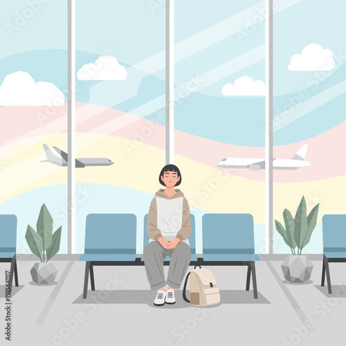 Young Person Waiting Patiently At Airport Terminal Window With View Of Airplanes