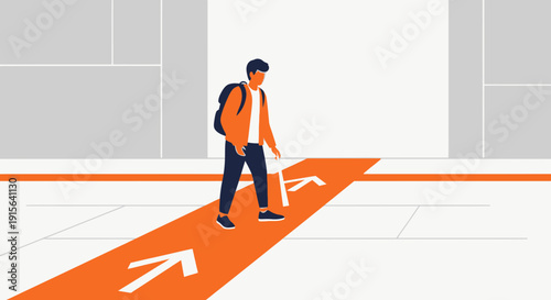 Young Person Walking Down Orange Path With Arrows Symbolizing Direction And Choice