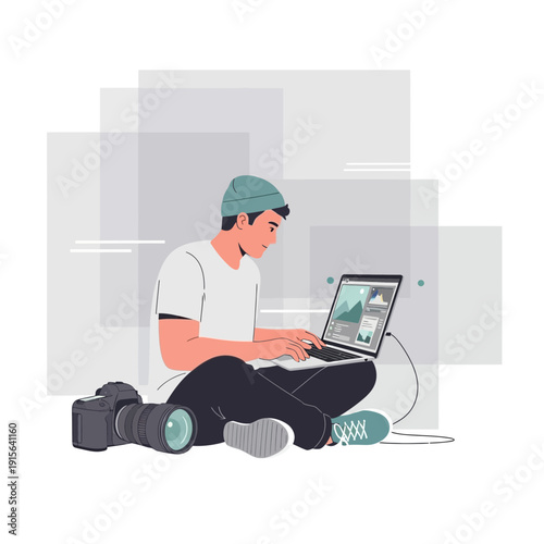 Young Photographer Editing Images On Laptop Beside Camera Artistic Creation