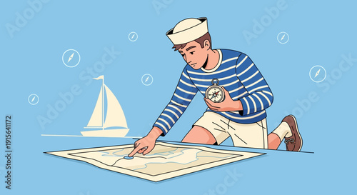 Young Sailor Planning Voyage With Compass And Nautical Chart