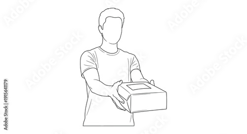 A black and white line drawing depicts a man holding a rectangular box with both hands appearing to be presenting or offering it
