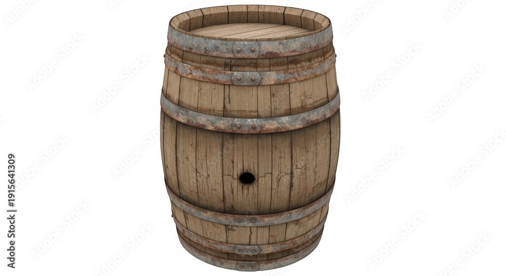 Fototapeta premium A large, weathered wooden barrel standing upright against a white background