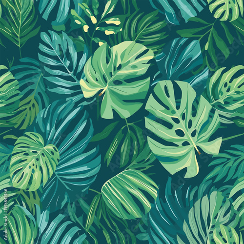 Abstract tropical monstera leaves in varying shades of green