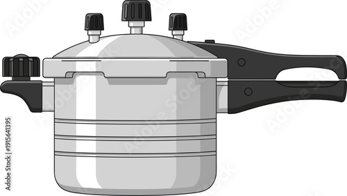 Vector illustration of a modern silver pressure cooker with black handles and safety valves for kitchen cooking