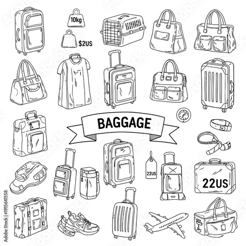 Collection of various baggage items including suitcases, bags, clothing, and accessories for travel, neatly organized with icons and tags indicating weight and airline regulations.