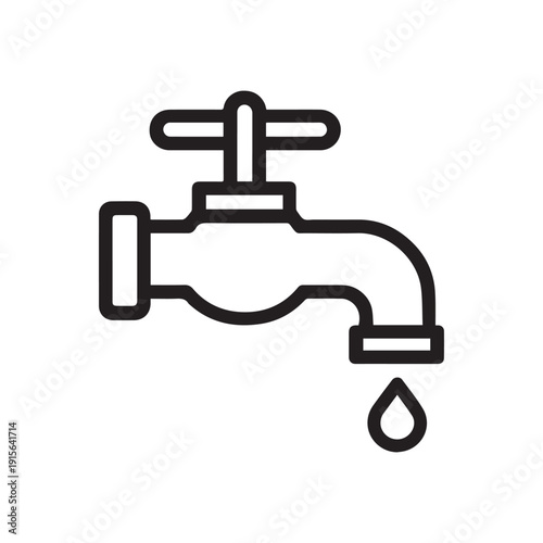 A black line drawing of a dripping faucet with a single drop falling