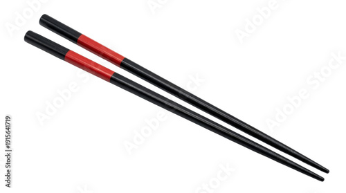 Pair of black and red chopsticks isolated on transparent background ready for asian food