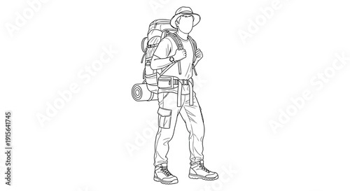 A black and white line drawing depicts a male hiker with a large backpack walking stick and various pouches and gear on his