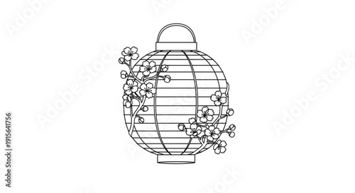 Traditional Japanese lantern with cherry blossoms simple line art illustration for cultural events and spring decoration isolated on white