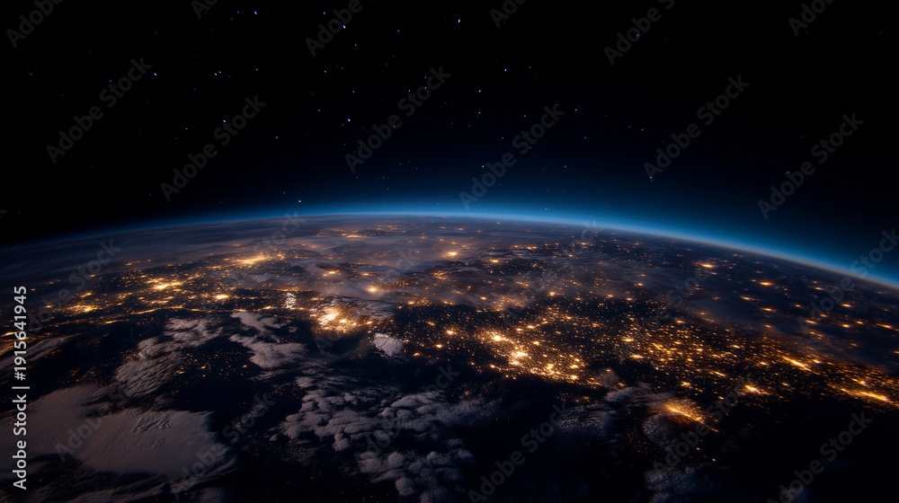 Obraz premium wide orbital view of Earth at night from space, planet curvature filling the lower half of the frame, detailed continents with dense clusters of warm golden city lights, visible co