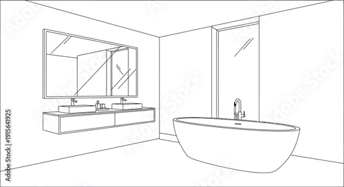 Minimalist black and white line drawing illustrating a contemporary bathroom interior design featuring a freestanding bathtub and a floating double vanity with a large mirror.