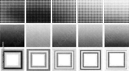 Halftone dot gradient square diamond concentric patterns, printing texture shading simulation, abstract graphic design illustration artwork, black and white vector collection