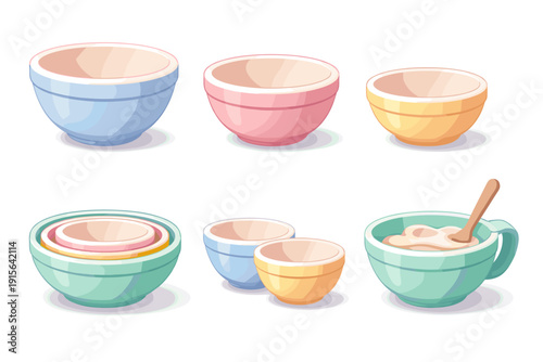 Collection of colorful cartoon bowls and dishes for serving food and ingredients