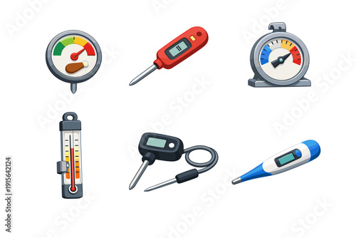 Collection of various thermometers and gauges for measuring temperature and heat