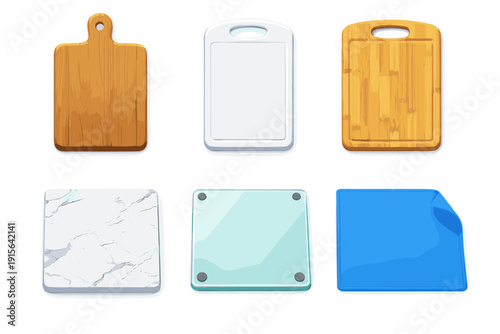 Collection of diverse cutting boards made from wood, plastic, bamboo, marble, and glass