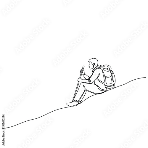 Man sitting on a hill with a backpack and walking stick holding a mobile phone in a simple line drawing style