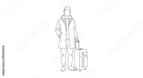 A black and white line drawing depicts a person wearing a jacket and hat standing next to a wheeled suitcase seemingly traveling