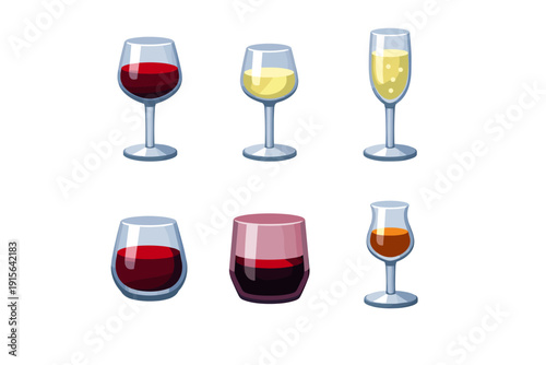 Collection of six different alcoholic beverages in various glassware styles