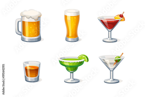 Collection of six different alcoholic drinks in cartoon style