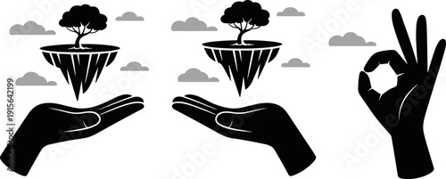Hands holding floating islands trees clouds, surreal symbolic nature care stewardship, OK gesture approval harmony artwork, black and white imaginative illustration set
