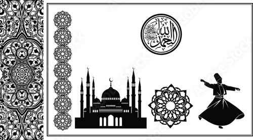 Islamic decorative art composition, mosque silhouette Arabic calligraphy Sufi whirling dervish geometric patterns, elegant black religious vector illustration design
