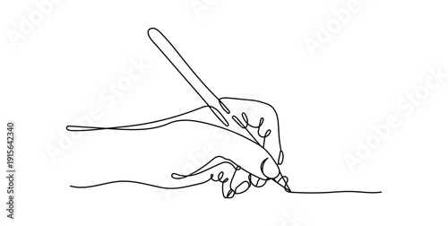 drawing of a pencil. hand holding pen writing line art. one continuous line hand writing. minimal continuous line drawing of hand writing with pen.