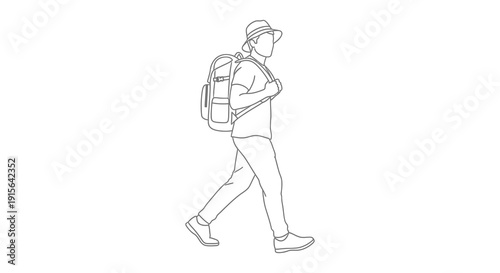 A black and white line drawing depicts a person walking away wearing a hat shirt pants and a large backpack on their shoulders