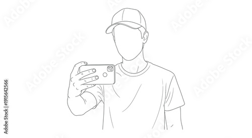 A black and white line drawing depicts a person taking a selfie with a smartphone wearing a cap and a t shirt
